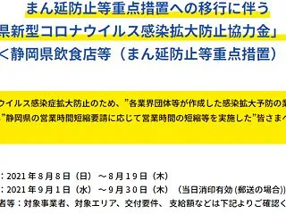 緊急事態宣言等に伴う国・静岡県の給付金等…