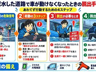 冠水した道路で車が動けなくなったときの脱…