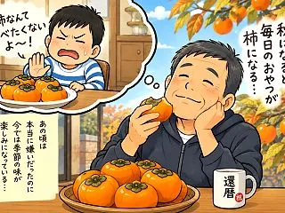 稲刈りと柿の木、懐かしの昭和！還暦になっ…