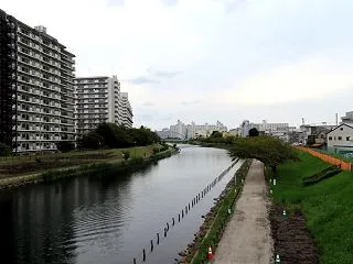 京葉道路の中川新橋の上からカヌーを見て …