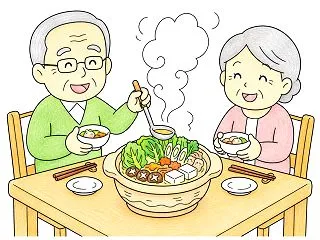 お鍋を食べる老夫婦の塗り絵｜無料ダウンロ…