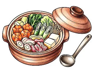 なべ料理の塗り絵｜土鍋に野菜・豆腐・お肉…