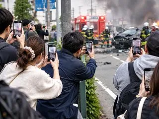 事故現場をスマホで撮影する人たち。他人の…