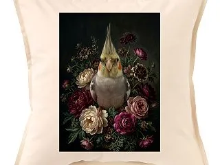 オカメインコの花の油絵風アートクッション…