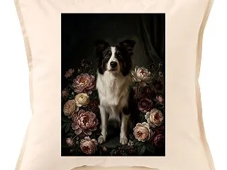 ボーダーコリーの花の油絵風アートクッショ…