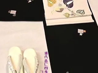 黒地の源氏香に四季小紋を葵に橘の刺繍帯で…