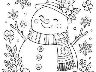冬のぬりえ001｜雪だるまと四つ葉のクロ…