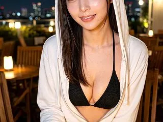 煌めく夜景とテラスの陰影―AI美女ルック…