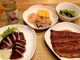 鰻のかば焼きと鰹のたたきで