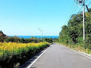 風車と海が見える丘