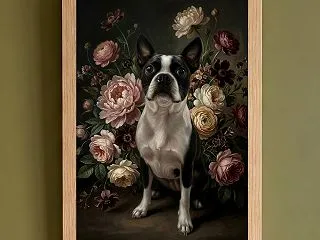 ボストンテリアの花の油絵風アート額装プリ…