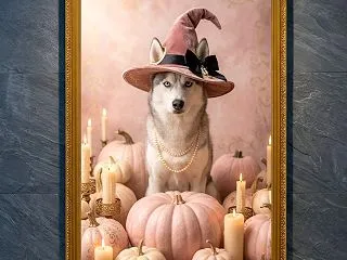 シベリアンハスキーのハロウィンアート額装…