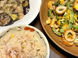朝早くゴーヤとナス
