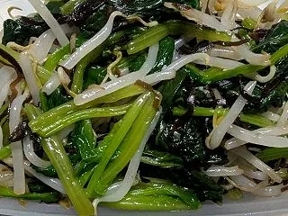 ㉗料理、11。【ほうれん草ともやしの塩昆…
