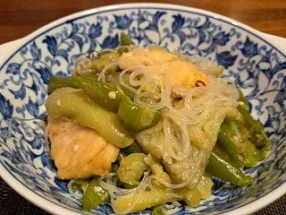 焼き鯖と万願寺唐辛子、なす、春雨の中華風…
