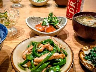 青椒肉絲とたっぷり薬味サーモン漬けの晩酌