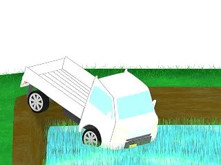 夏の田んぼに落ちる軽トラックのイラスト