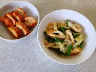 昼食 ちくわ白菜いんげんヤミ―炒め