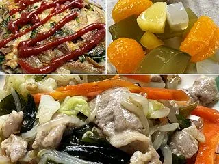 舞茸と玉ねぎのチーズ焼き＆豚肉と茹で野菜…