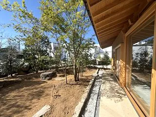 西江井の家、庭の植木と石のアプローチ