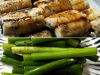 鰻の白焼きをご飯に乗せて＆ニンニクの芽炒…