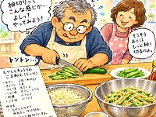 爺、きゅうりの細切りに挑戦する