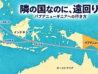 隣の国なのに、遠回り。パプアニューギニア…