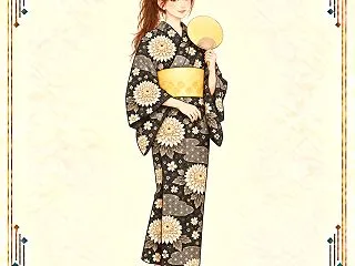 ヱ霞と菊の浴衣｜黄色い帯で楽しむモノトー…