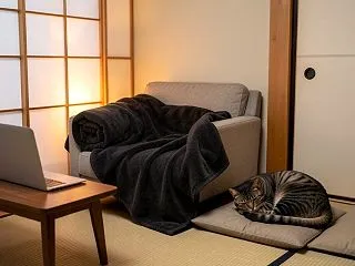 ひざ掛け 猫 夜