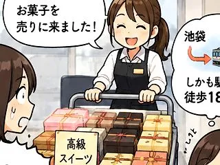 台車でお菓子を売りにくる女性がオフィスに…